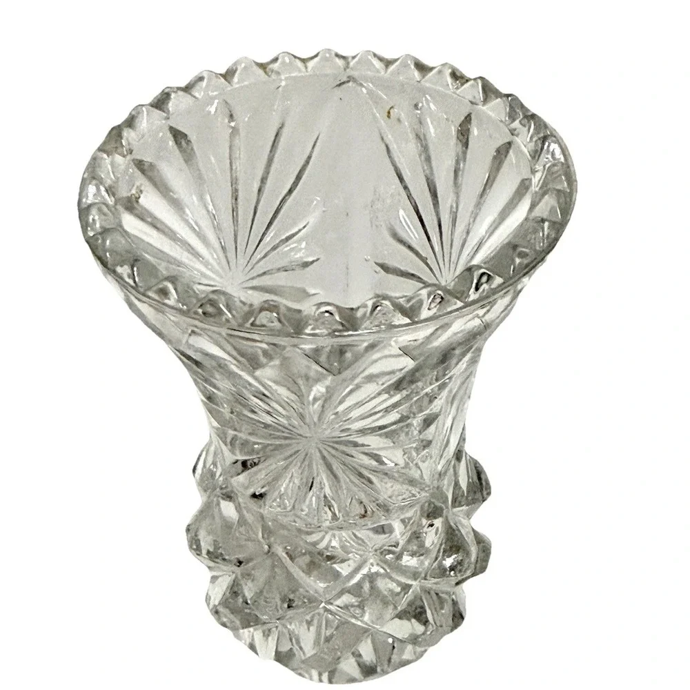 Vintage Clear Pressed Glass‎ Bud Vase Starburst Diamond Point Sawtooth Rim 5